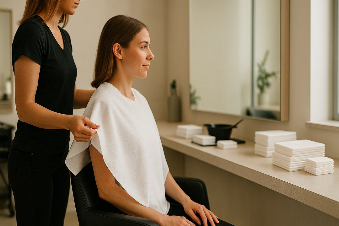 A hairstylist in a modern salon gently drapes a clean white DAVELEN disposable towel around a client’s shoulders, with neatly stacked towels visible on the counter under soft natural light, conveying hygiene and professional care.