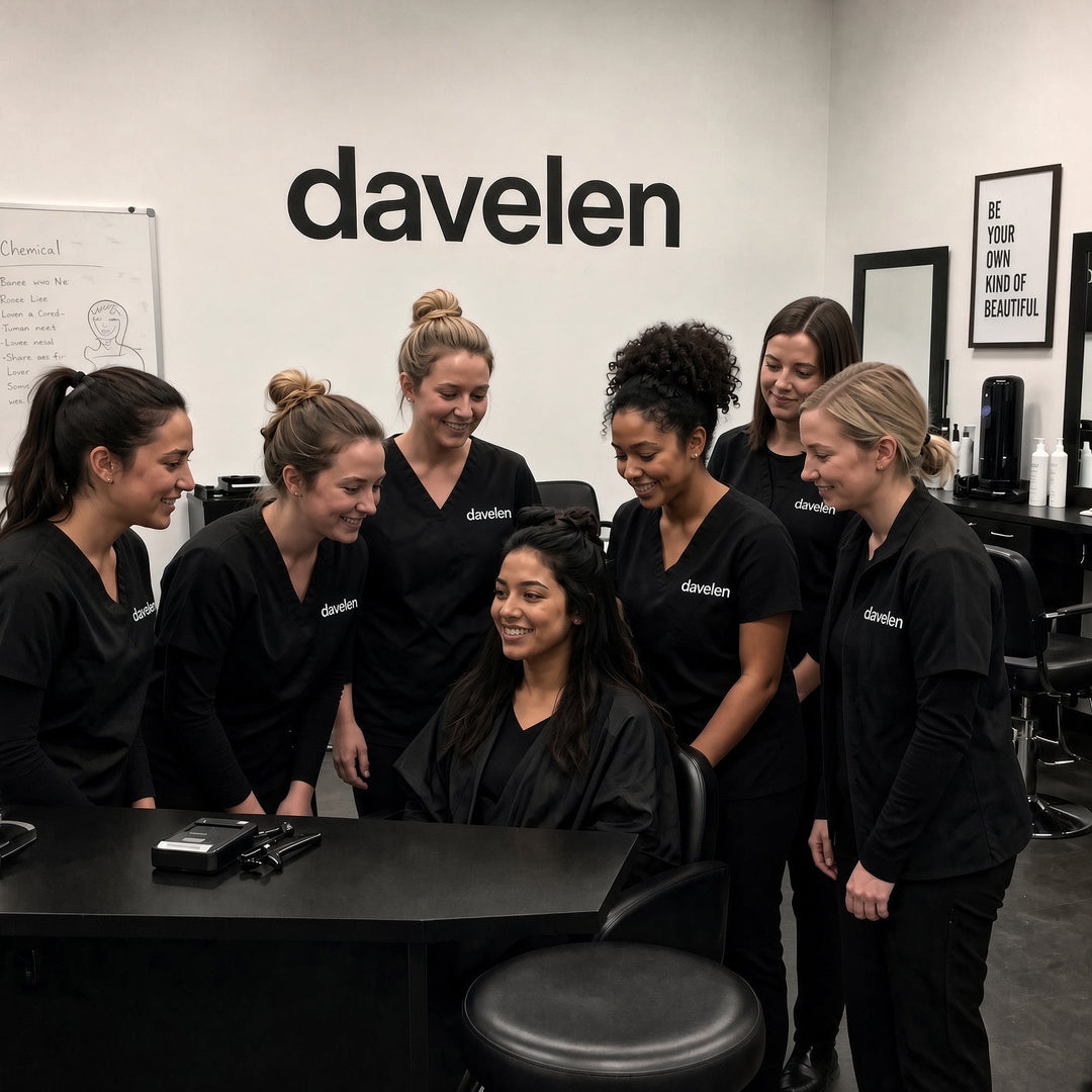 Cosmetology students in a DAVELEN beauty school training environment