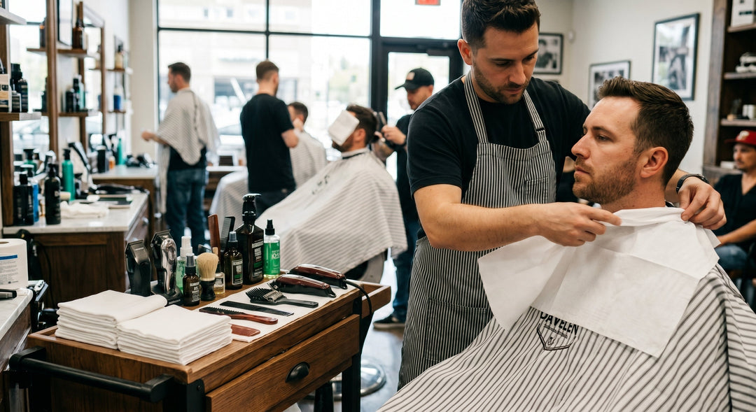 DAVELEN disposable towels stocked at a barbershop station for faster chair turnover
