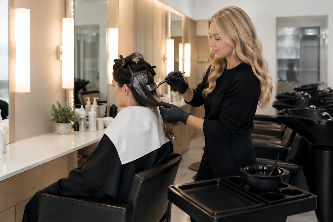 Professional hairstylist using a disposable towel during a salon hair coloring service