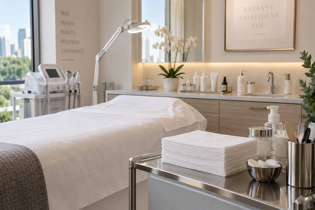 Modern med spa treatment room with white DAVELEN disposable towels prepared for facial and aesthetic services
