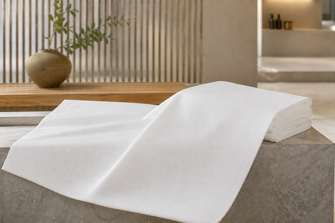 Large DAVELEN towel prepared for massage and wellness treatment room