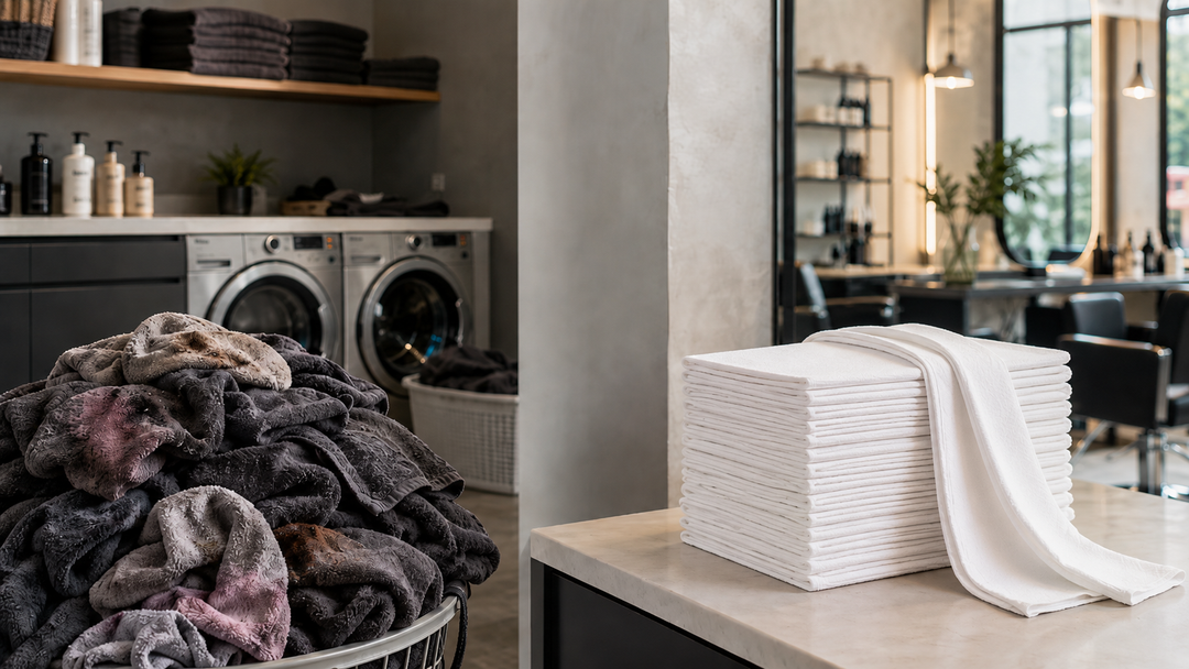 Used reusable salon towels beside commercial laundry machines compared with clean, thin white disposable salon towels in a modern hair salon.