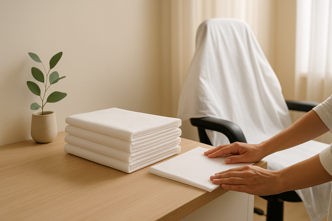 Professional spa and salon workspace featuring DAVELEN disposable towels, robes, and eco-friendly supplies arranged neatly on a wooden counter in soft natural light, symbolizing hygiene, sustainability, and luxury care.
