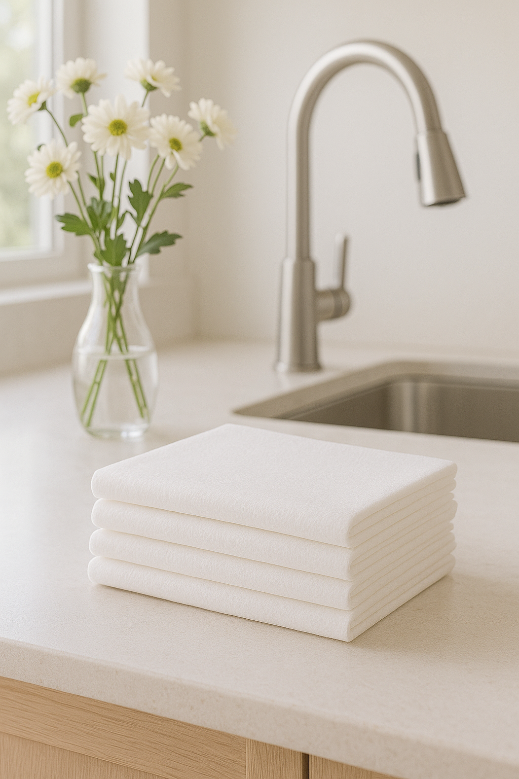 Clean modern kitchen with stacked DAVELEN eco-friendly disposable towels beside a sink and flowers, symbolizing freshness and home hygiene.