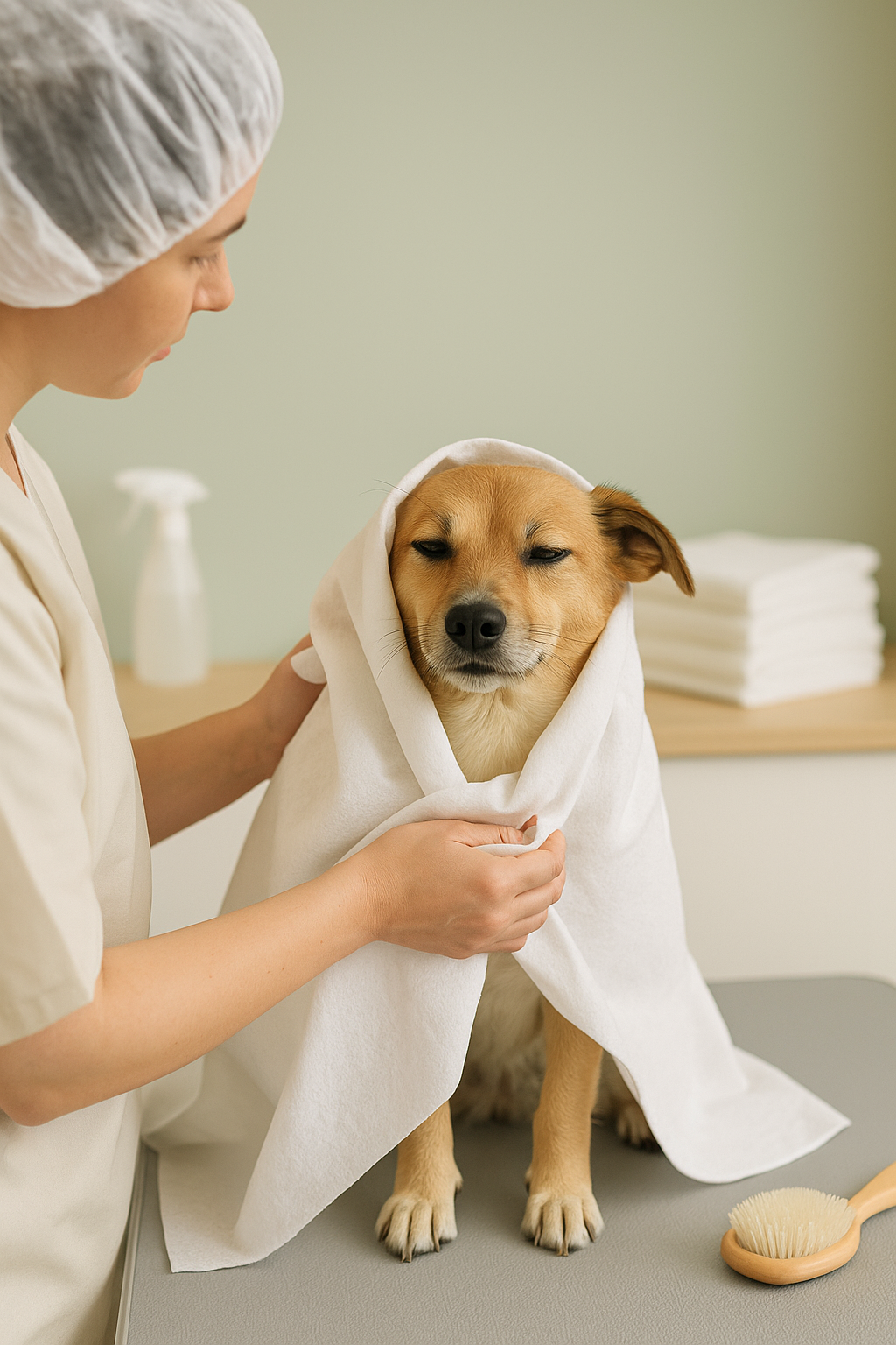 DAVELEN eco-friendly disposable towels used in pet grooming, veterinary clinics, animal shelters, and pet hotels for hygienic animal care.