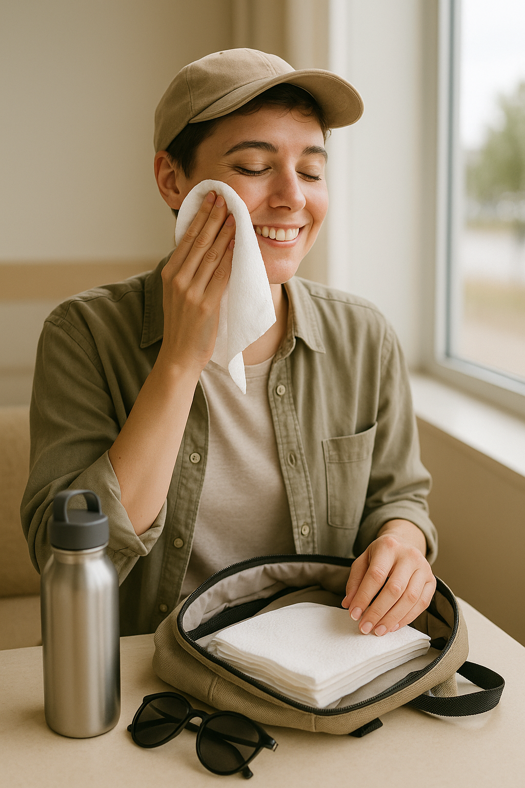 Traveler freshening up with a DAVELEN eco-friendly disposable towel during a trip, showing comfort, hygiene, and sustainable travel lifestyle.