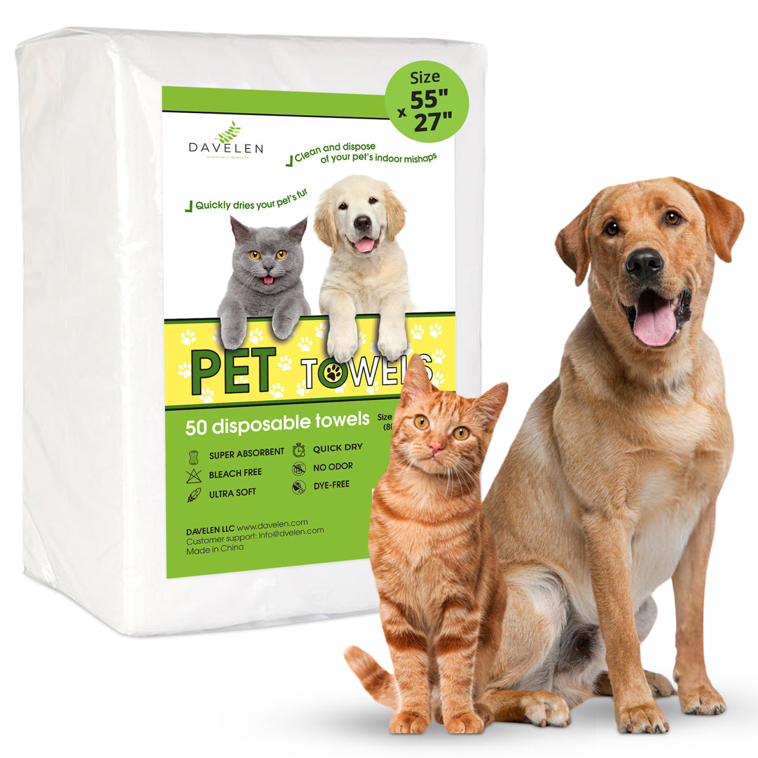 DAVELEN Disposable Pet Towels (50-Pack) — Bamboo-Based, Super Absorbent, Hygienic & Tear-Resistant
