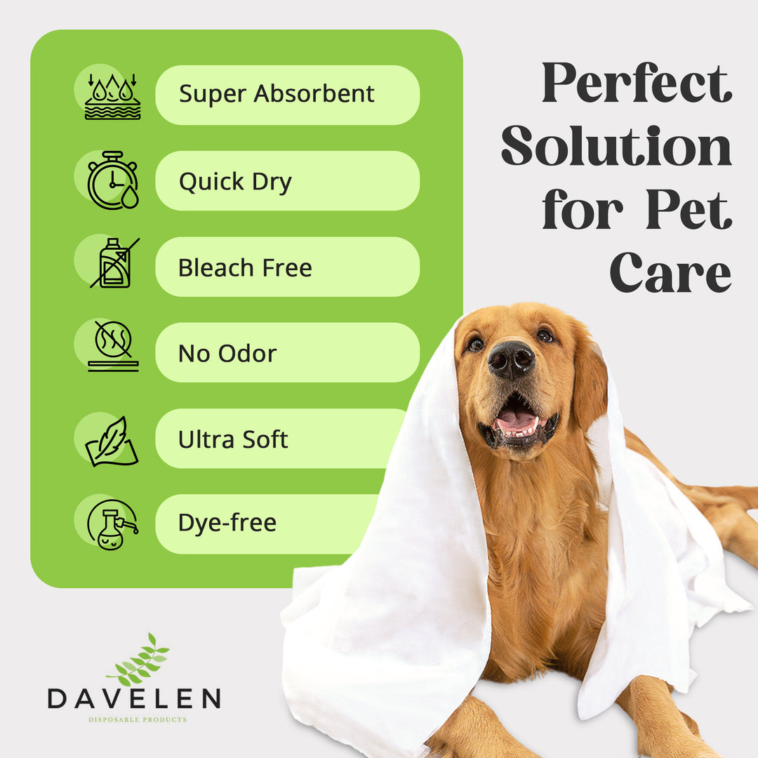 DAVELEN Disposable Pet Towels (50-Pack) — Bamboo-Based, Super Absorbent, Hygienic & Tear-Resistant