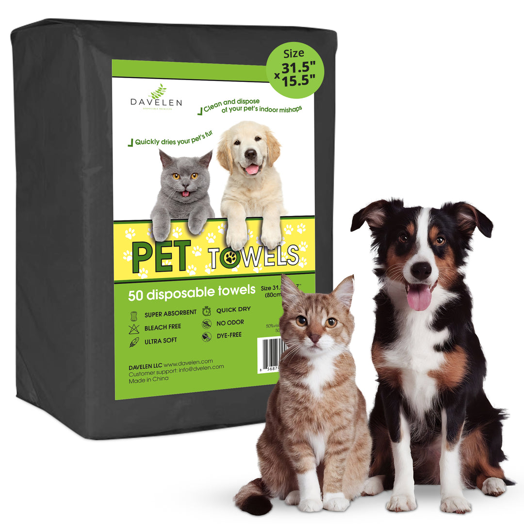 DAVELEN Disposable Pet Towels (50-Pack) — Bamboo-Based, Super Absorbent, Hygienic & Tear-Resistant