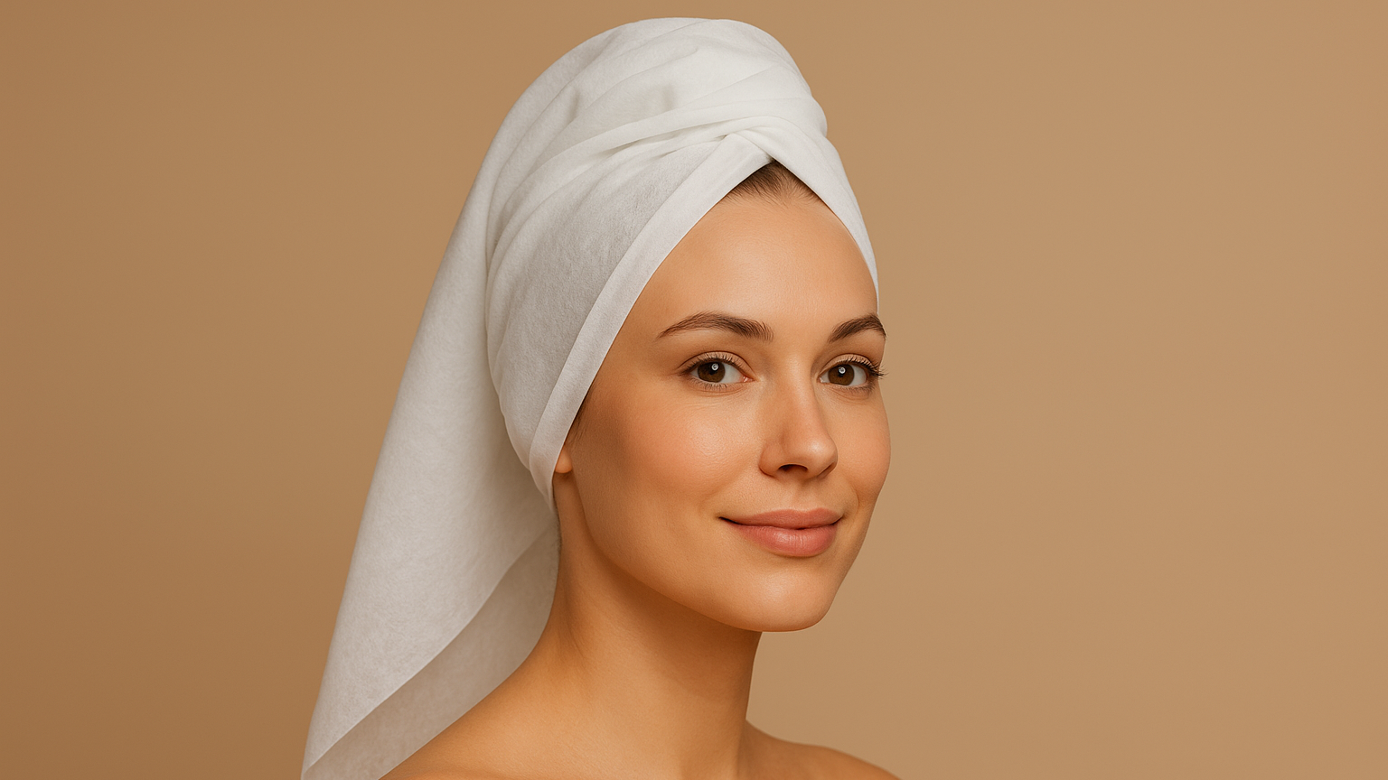 Woman wrapping her hair with DAVELEN disposable towel in a spa setting.”