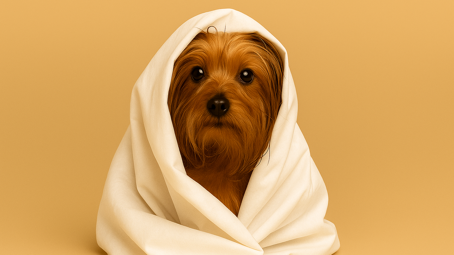 Dog wrapped in DAVELEN disposable pet towel on beige background, showing eco-friendly grooming towel softness and absorbency.
