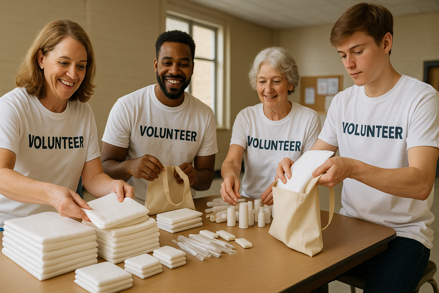 Volunteers packing DAVELEN disposable towels and hygiene supplies for community and animal shelters, promoting cleanliness, care, and sustainability