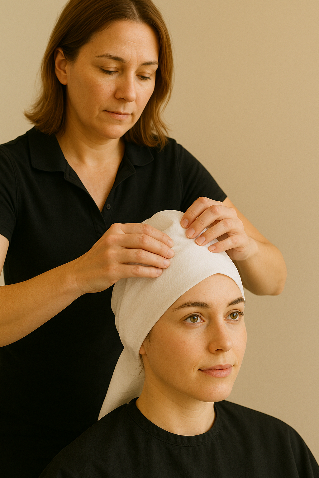 Hairstylist wrapping a DAVELEN disposable towel around a client’s head in a beige salon, showing the product’s smooth, professional, and hygienic use