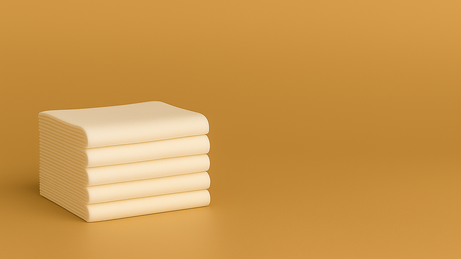 Folded stack of DAVELEN disposable towels in a minimalist beige setting, symbolizing 100% biobased and USDA certified eco-friendly materials for sustainable living.